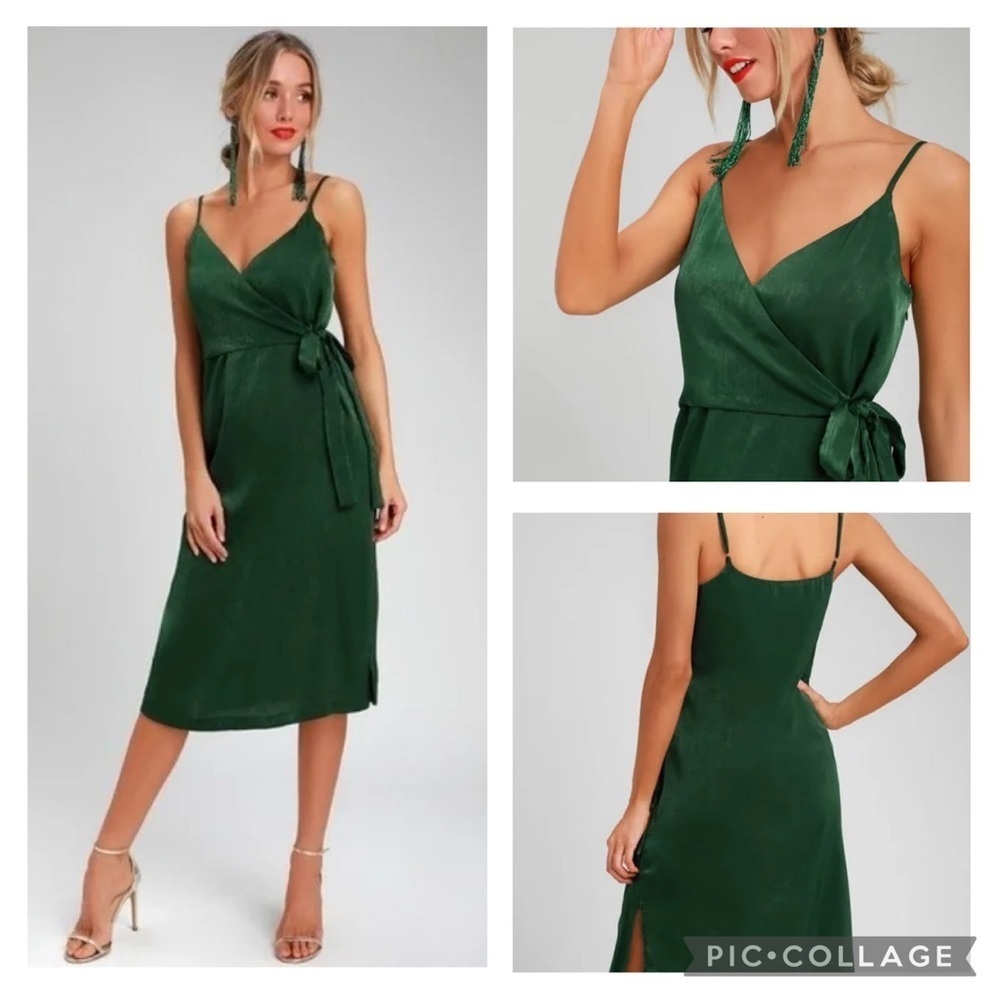 NWT Lulus Fall In Love Green Satin Midi Wrap Dress Small